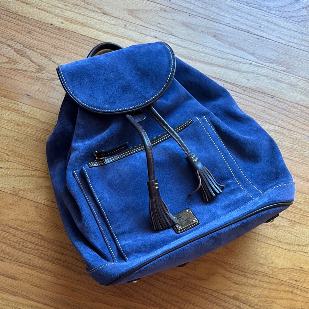 Dooney & Bourke Royal Blue Suede Backpack with Brown Leather Handle and Tassels